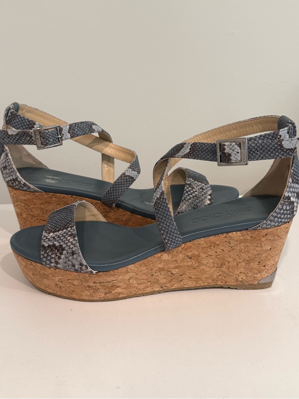 VINTAGE Jimmy Choo Snake Blue Leather Cork Wedge Sandals size 9M 40